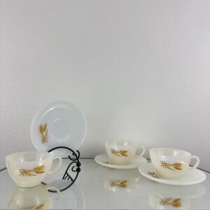 Vintage Fire King Golden Wheat Milk Glass Dishware Set of 3 Teacups and Saucers